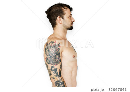 Adult man with tattoo bare chest 32067841