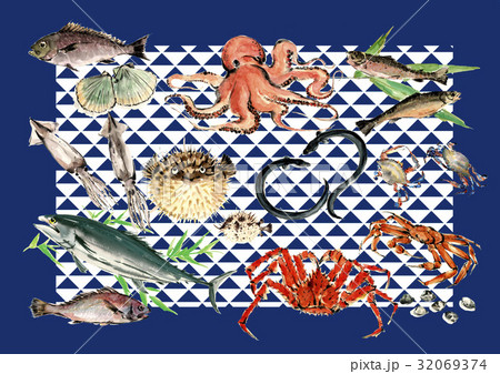 魚介セット、紺の鱗柄 魚介セット、紺の鱗柄 32069374