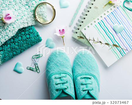 Green pastel lifestyle woman clothes flat lay Green pastel lifestyle woman clothes flat lay 32073467
