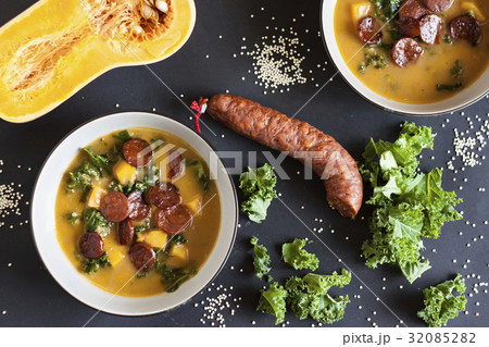 pumkin soup with kale, quinoa and chorizo 32085282