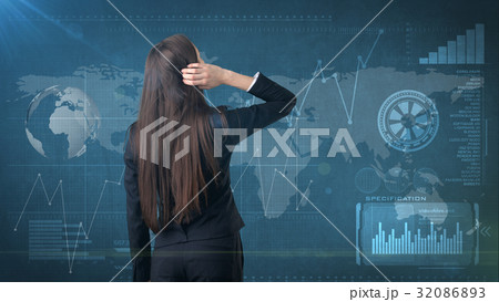 Rear view of long dark hair beauty thinking or 32086893