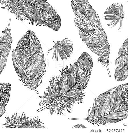 Feather Seamless Pattern Wild Bird Line Backgroundのイラスト素材 3872