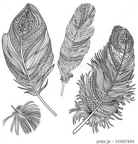 Feather set. line ornamental birds feather icons 32087893
