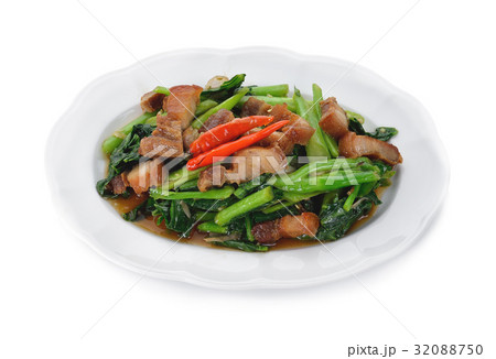 Thai food fried kale with crispy pork 32088750