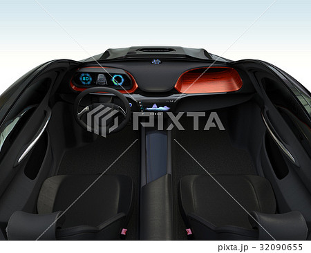 自動運転車の運転席イメージ。ダッシュボードに音声認識ロボットが置かれている 32090655