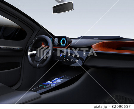 自動運転車の運転席イメージ タッチスクリーン操作で音楽再生やビデオ視聴が可能 のイラスト素材