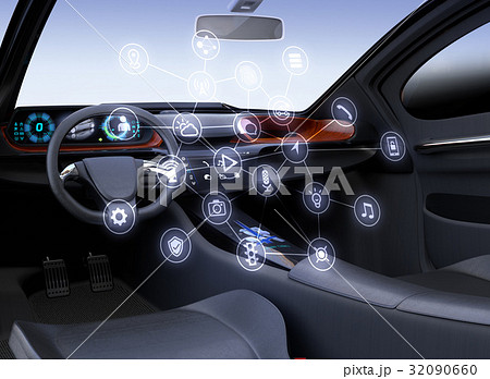 運転席にあるコネクテッドカーのアイコンセット。モノのインターネットのコンセプト 運転席にあるコネクテッドカーのアイコンセット。モノのインターネットのコンセプト 32090660