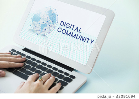Hands working on laptop network graphic overlay 32091694