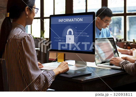Woman working on computer network graphic overlay 32093811