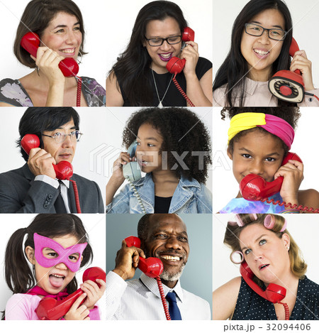 Set of Diverse People Using Telephone Studio Collage 32094406