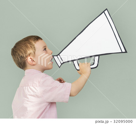 Caucasian Little Boy Holding Papercraft Megaphone Caucasian Little Boy Holding Papercraft Megaphone 32095000