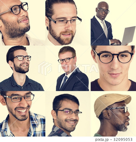 People Set of Diversity Men Wearing Eyeglasses Studio Collage 32095053