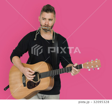 Men Musician Play Guitar Harmonica Men Musician Play Guitar Harmonica 32095328