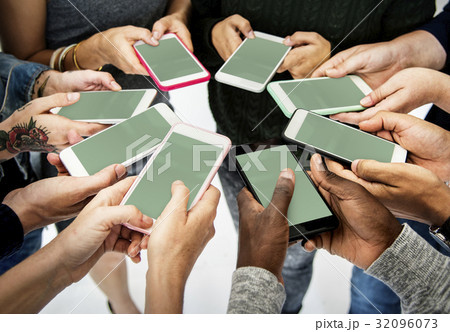 Group of people using mobile phone with blank screen 32096073