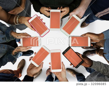 Group of people using mobile phone with blank screen Group of people using mobile phone with blank screen 32096085