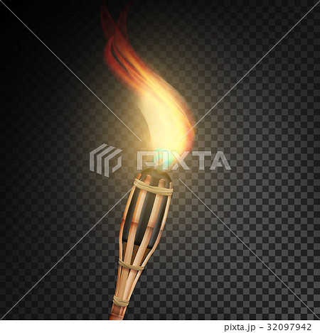 Burning Beach Bamboo Torch With Flame. Realistic 32097942