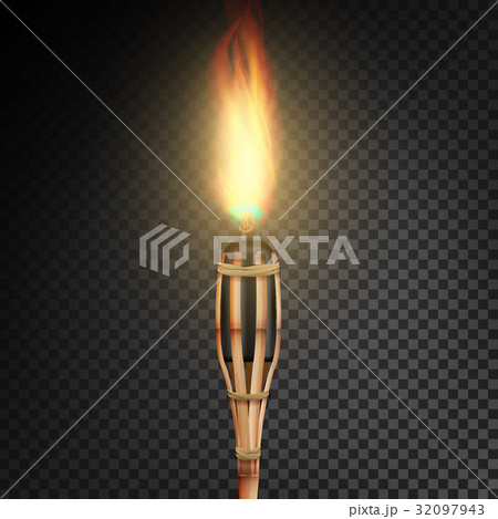 Burning Beach Bamboo Torch With Flame. Realistic Burning Beach Bamboo Torch With Flame. Realistic 32097943