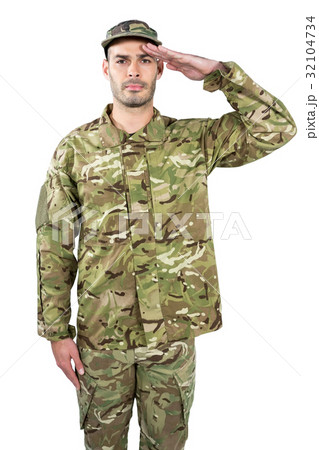 Portrait of confident soldier saluting 32104734