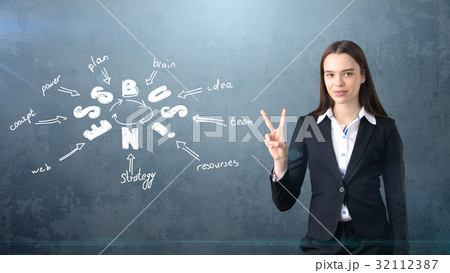Beauty girl in a suit standing near wall with a 32112387