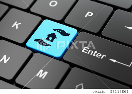 Insurance concept: House And Palm on computer Insurance concept: House And Palm on computer 32112861