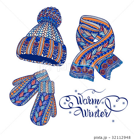 Warm hat mittens scarf color doodle  32112948