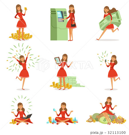 Happy young millionaire woman in a red dress Happy young millionaire woman in a red dress 32113100