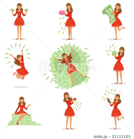 Happy young rich woman in a red dress enjoying her 32113103