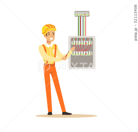 Smiling electrician screwing equipment in fuse box 32113406