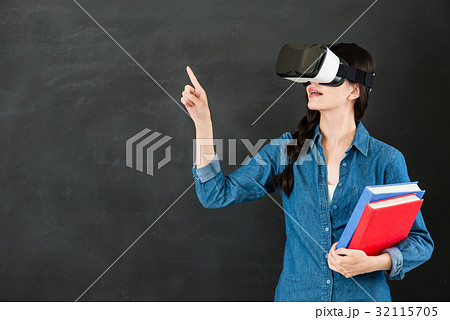 asian woman student touch screen with VR headset asian woman student touch screen with VR headset 32115705