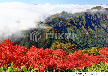 紅葉の谷川連峰・一ノ倉岳から見る雲懸る上越国境稜線 32115823