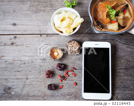 Chinese soup and shark fin with smart phone Chinese soup and shark fin with smart phone 32119445