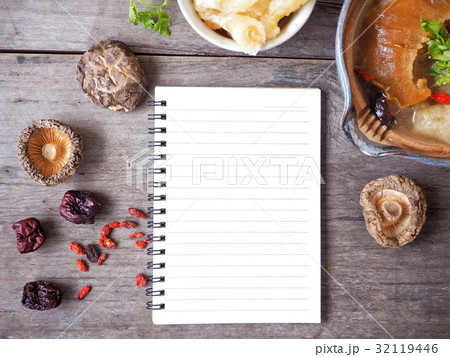 Chinese soup and shark fin with blank notepad Chinese soup and shark fin with blank notepad 32119446