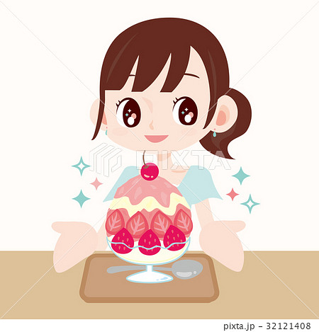 豪華なかき氷の写真をとる女性　 32121408