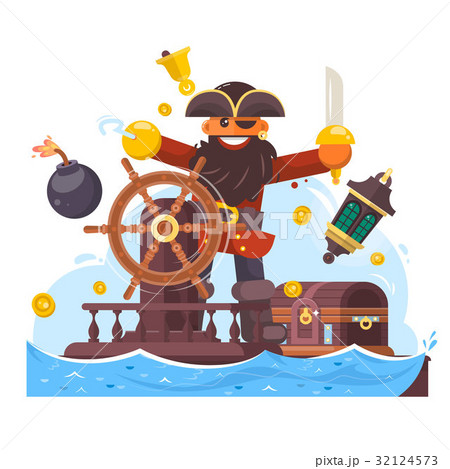 Cartoon pirate with sword and hook on ship. Vector Cartoon pirate with sword and hook on ship. Vector 32124573