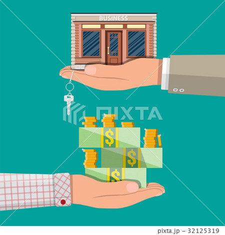 Hand holding shop or commercial property with key. Hand holding shop or commercial property with key. 32125319