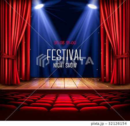 A theater stage with a red curtain and a spotlight 32126154
