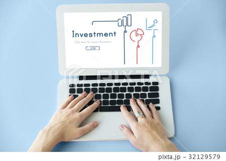 Hands working on laptop network graphic overlay 32129579