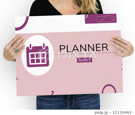 Woman holding banner of personal organizer reminder calendar illustration Woman holding banner of personal organizer reminder calendar illustration 32130463