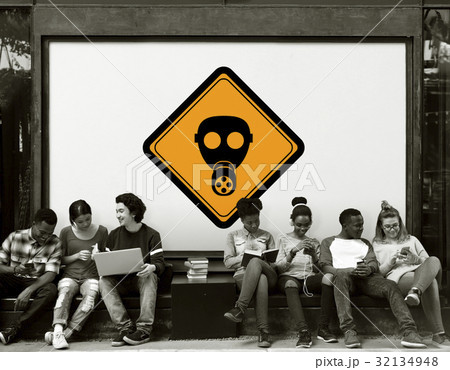 Group of Friends Sitting with Radioactivity Protection Mask Banner Behind 32134948