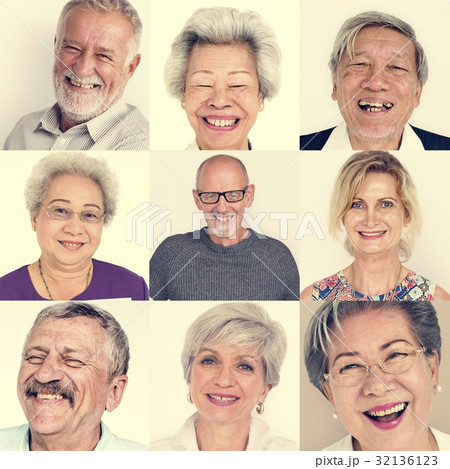 Set of Diversity Senior Adult People Face Expression Studio Coll 32136123