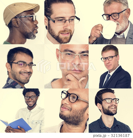 People Set of Diversity Men Wearing Eyeglasses Studio Collage 32136187