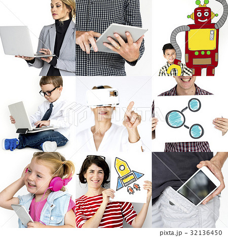 Set of Diversity People Using Digital Devices Technology Invention Studio Collage Set of Diversity People Using Digital Devices Technology Invention Studio Collage 32136450