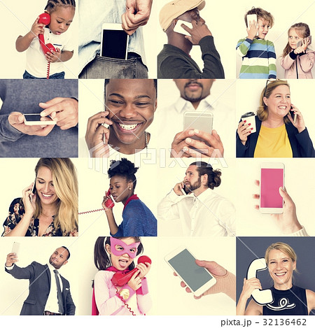 Set of Diverse People Using Telephone Studio Collage 32136462