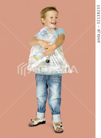 Caucasian Ethnicity Boy holding Bag with Plastic Bottles Caucasian Ethnicity Boy holding Bag with Plastic Bottles 32138235