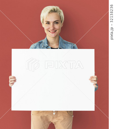 Adult Woman Hands Hold Blank Paper Board Copy Space 32138236