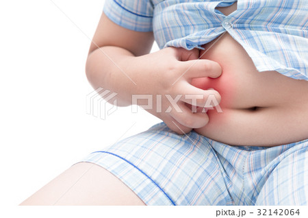 obese fat boy scratch the itch with hand on belly obese fat boy scratch the itch with hand on belly 32142064