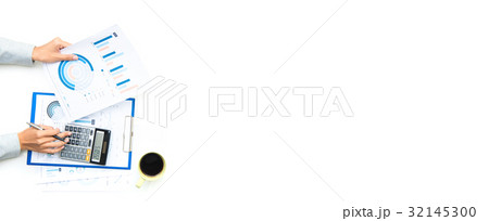 Woman hands working with document and calculator Woman hands working with document and calculator 32145300