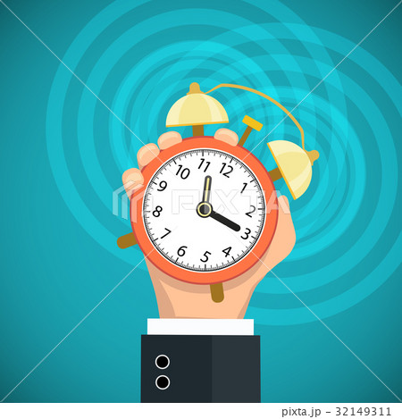 Human hand holding a alarm clock. Flat graphic. 32149311