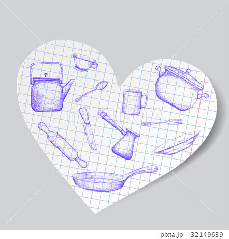 Kitchen utensils is drawn on a paper heart. 32149639