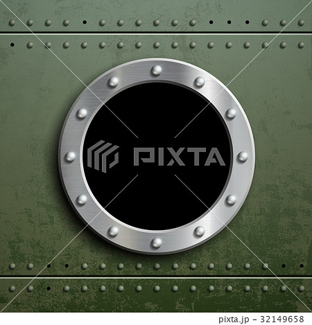 Round window porthole on green metal background. 32149658